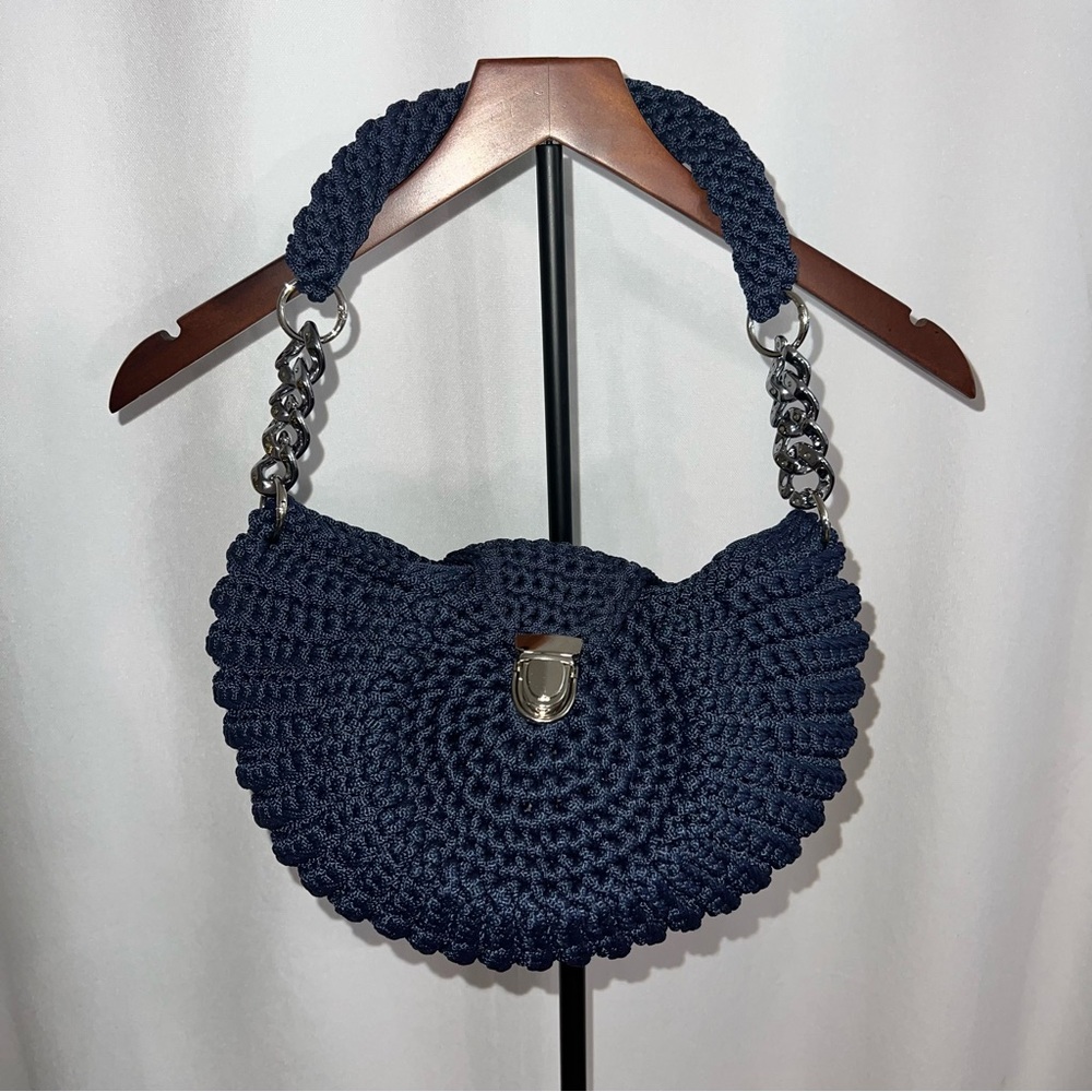 Navy Crochet Hobo Bag with Chain Accent